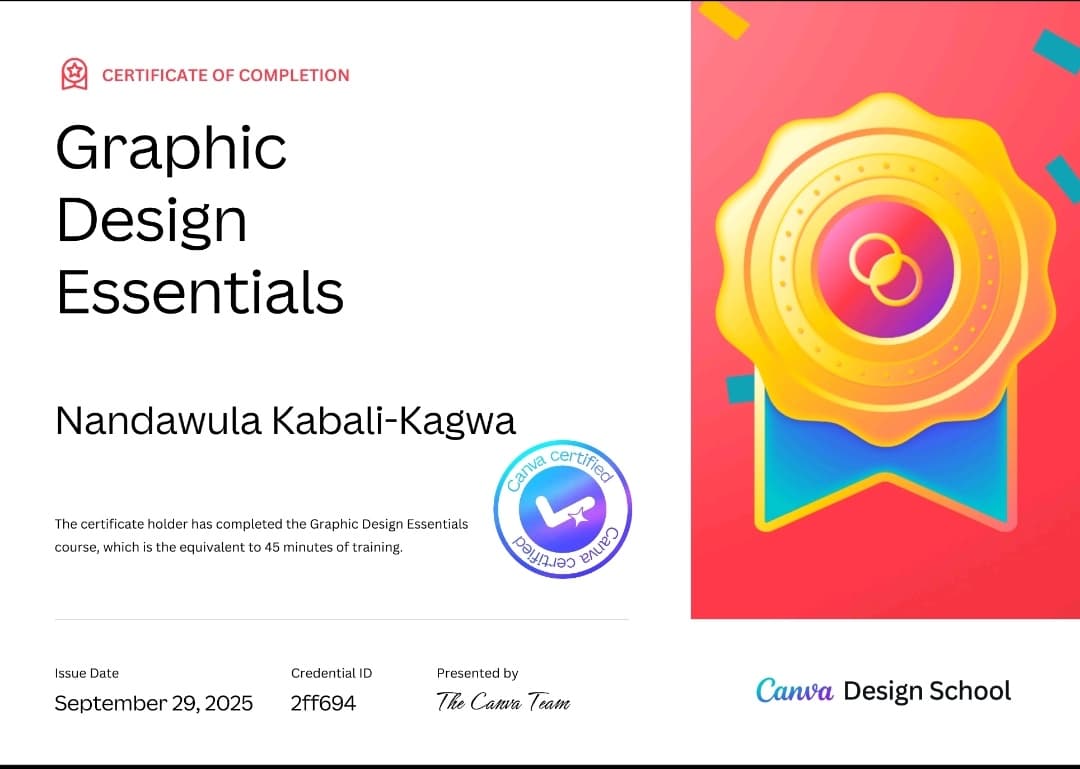 Graphic Design Essentials, certificate issued by Canva Design School to Nandawula Kabali-Kagwa, 29 September 2025