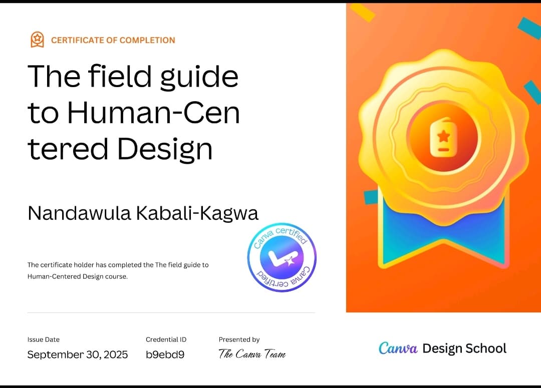 The Field Guide to Human-Centered Design, certificate issued by Canva Design School to Nandawula Kabali-Kagwa, 30 September 2025