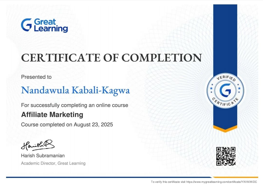 Affiliate Marketing, certificate issued by Great Learning to Nandawula Kabali-Kagwa, 23 August 2025