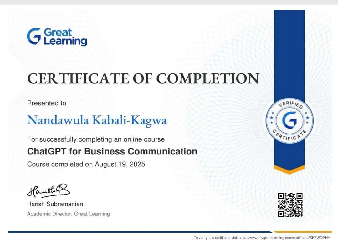 ChatGPT for Business Communication, certificate issued by Great Learning to Nandawula Kabali-Kagwa, 19 August 2025