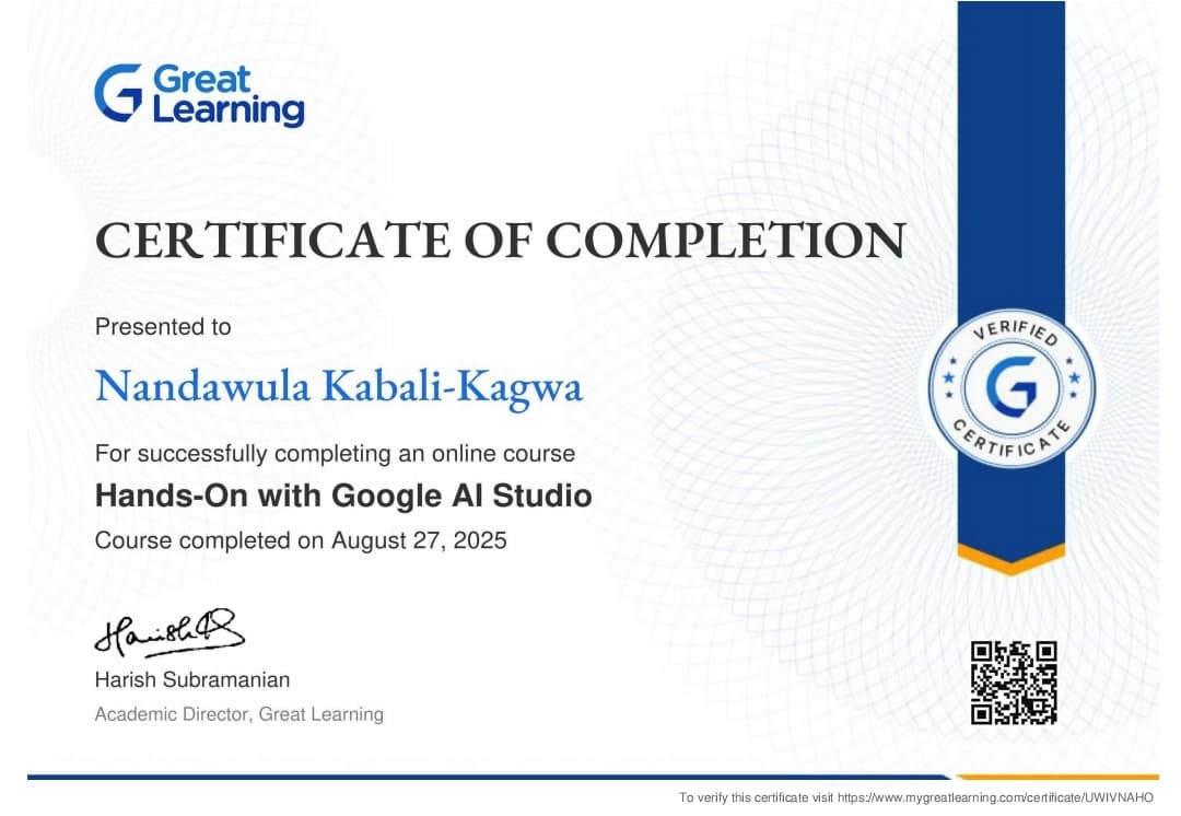 Hands-On with Google AI Studio, certificate issued by Great Learning to Nandawula Kabali-Kagwa, 27 August 2025