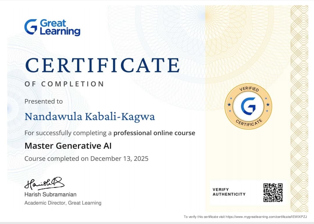 Master Generative AI, certificate issued by Great Learning to Nandawula Kabali-Kagwa, 13 December 2025
