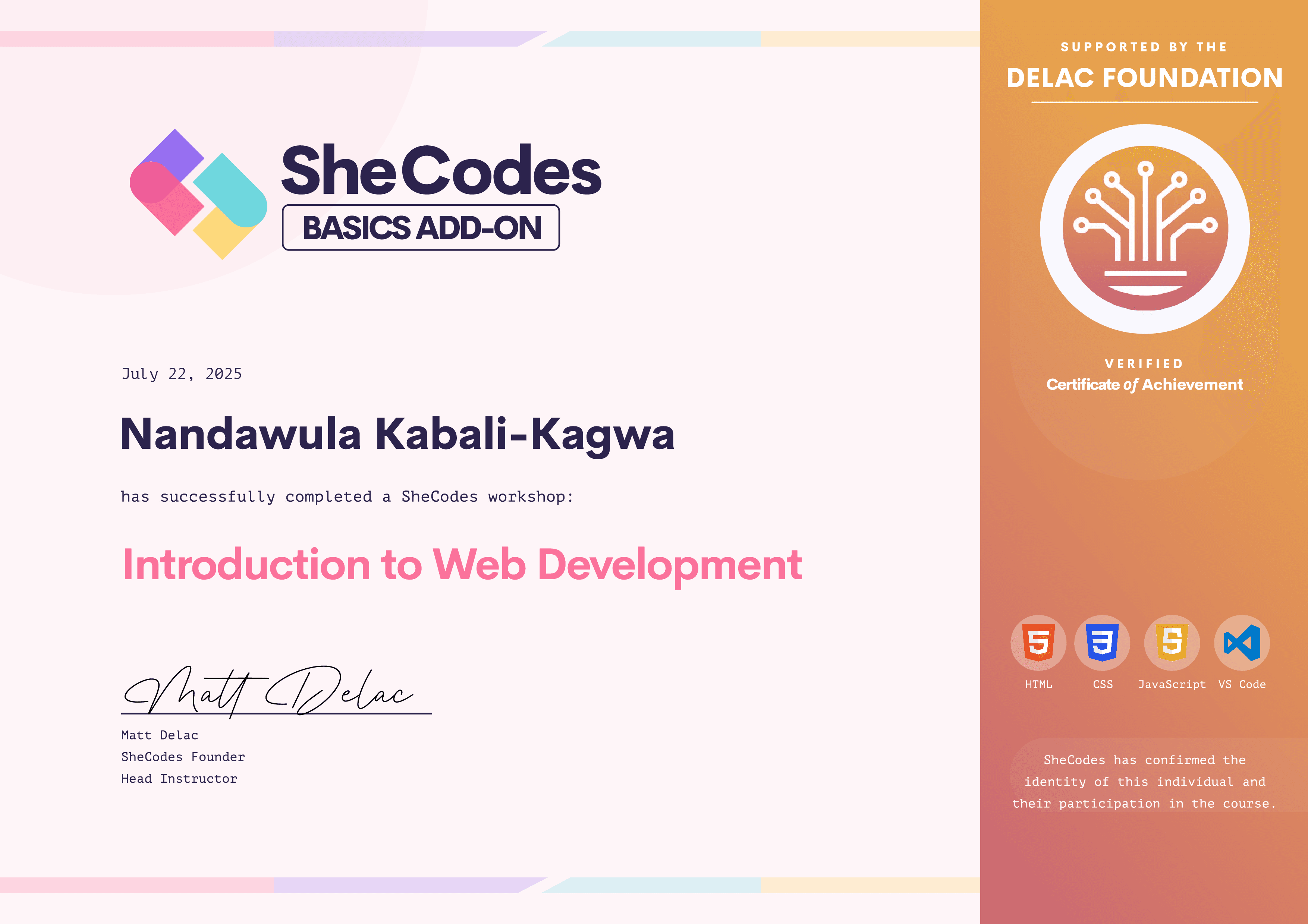 Introduction to Web Development, certificate issued by SheCodes to Nandawula Kabali-Kagwa, 22 July 2025