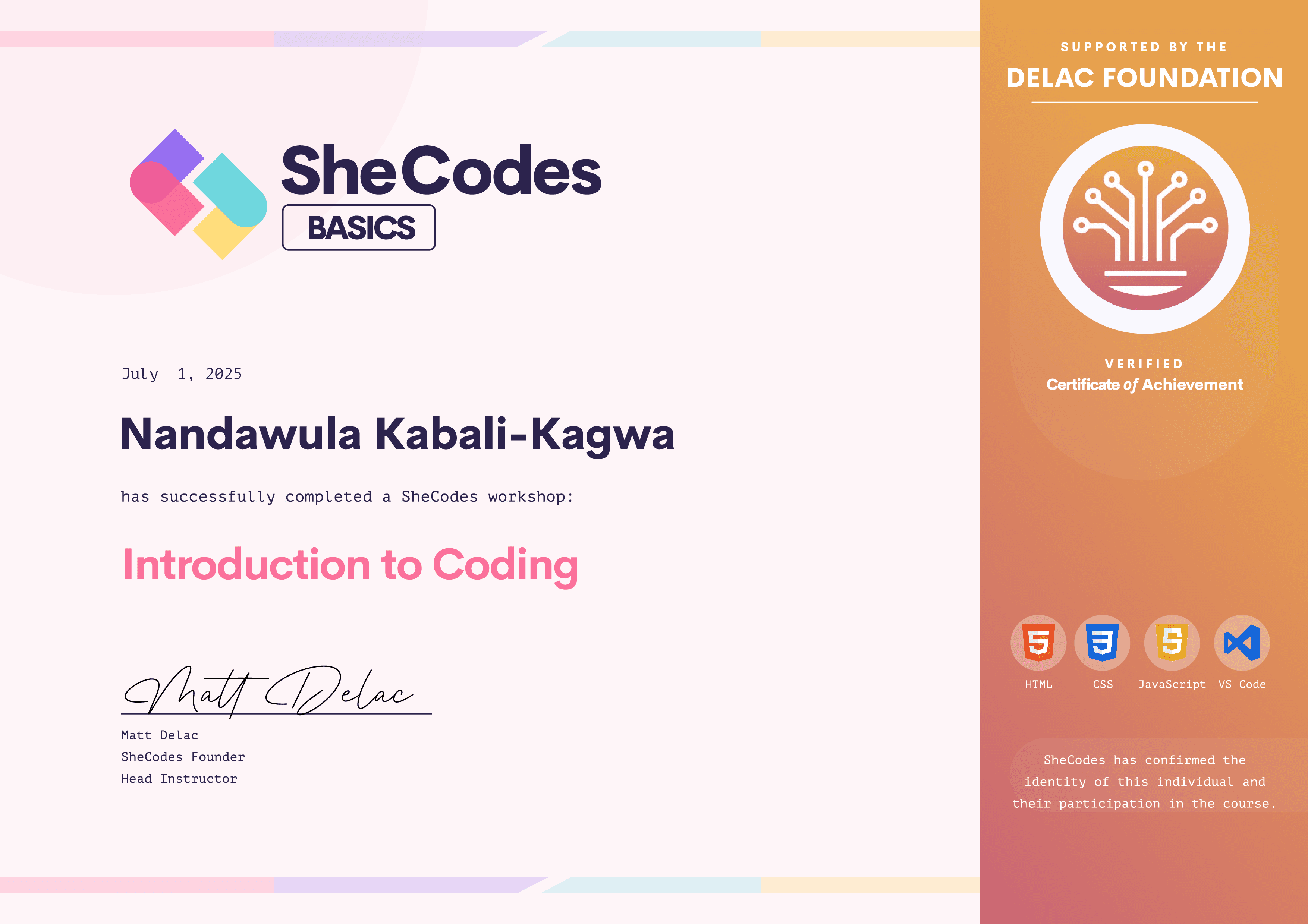 Introduction to Coding, certificate issued by SheCodes to Nandawula Kabali-Kagwa, 1 July 2025