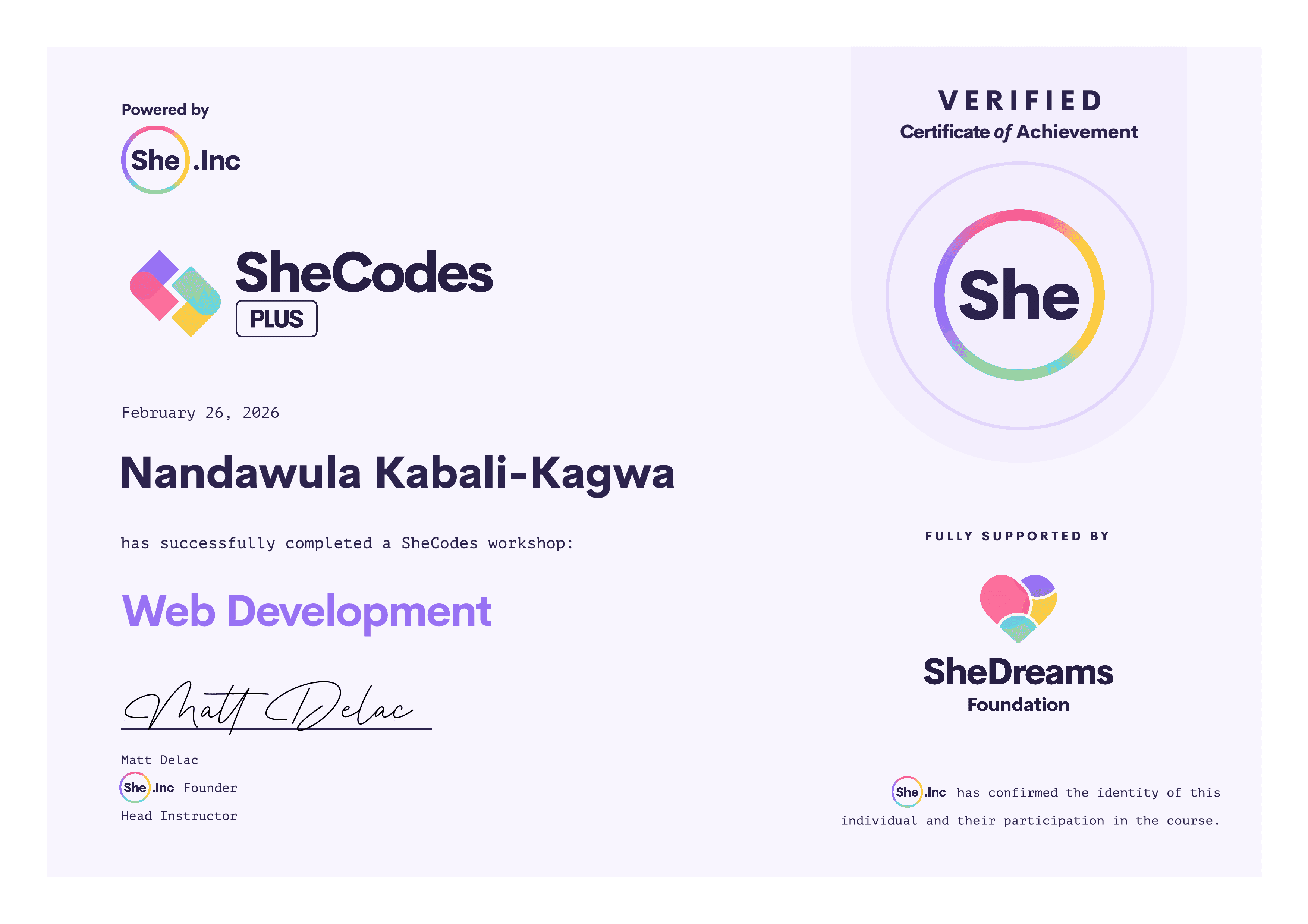 Web Development, certificate issued by SheCodes to Nandawula Kabali-Kagwa, 26 February 2026